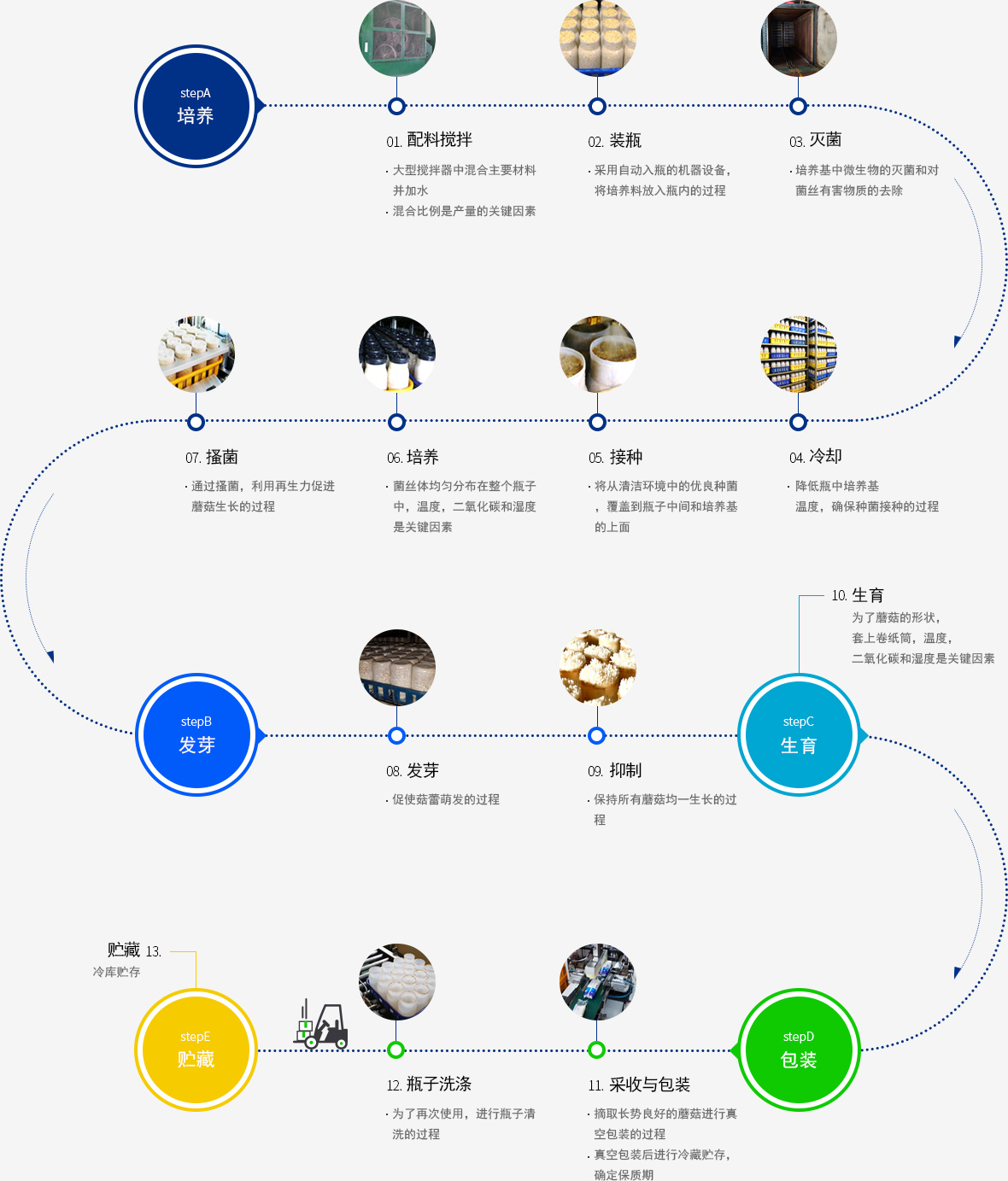 Production Process:재료혼합,입병,살균,냉각,접종,배양,균긁기,발아,억제,생육,수확&포장,병세척,저장 순입니다.
